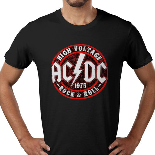 Black t-shirt with AC/DC logo and text on a white background