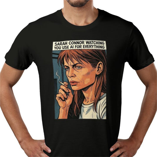 Black t-shirt with a graphic of Sarah Connor smoking a cigarette and text on a white background