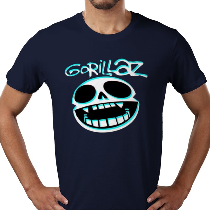 Navy blue t-shirt with 'Gorillaz' logo featuring a skull design on a white background
