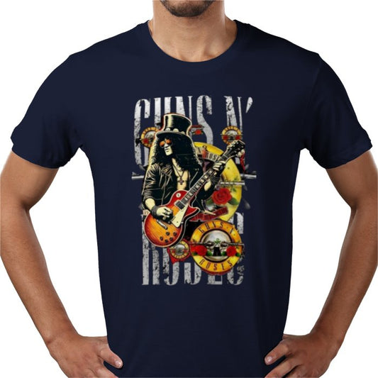 Navy blue t-shirt with Guns N' Roses graphic design featuring a musician playing guitar.