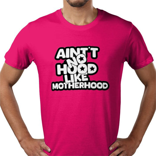 Person wearing a pink t-shirt with text design on a white background