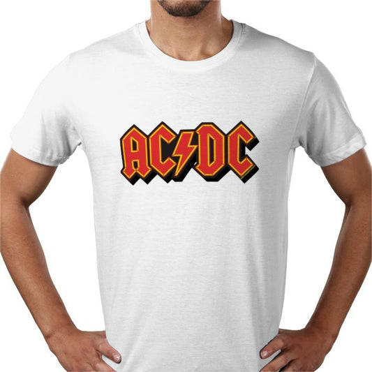 White t-shirt with AC/DC logo worn by a person
