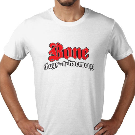 White t-shirt with 'Bone thugs-n-harmony' text on a white background