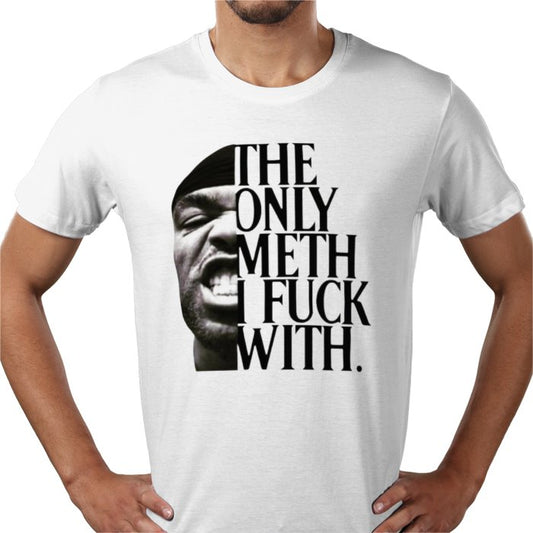 White Method Man t-shirt with graphic design and text worn by a person