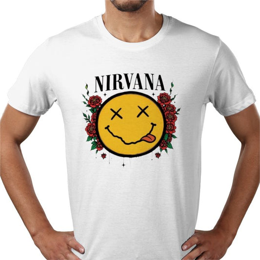 White t-shirt with Nirvana smiley face design on a white background