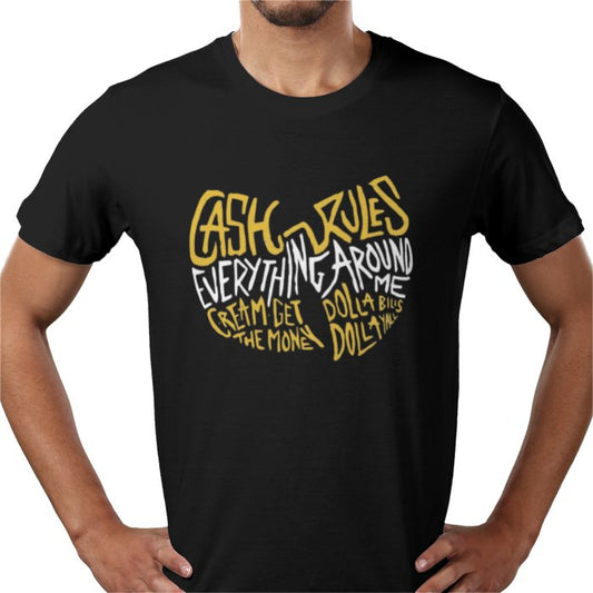 Black t-shirt with yellow and white text worn by a person on a white background