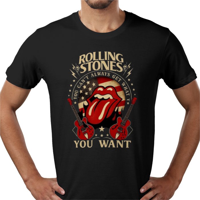 Black t-shirt with Rolling Stones graphic design featuring red guitars and a red tongue.