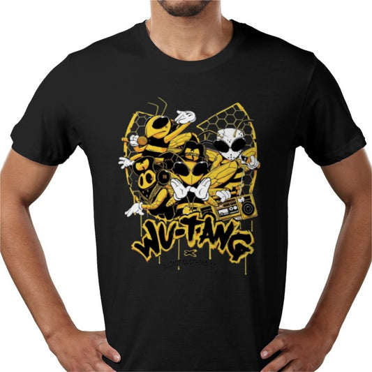 Black t-shirt with yellow and white graphic design on a person wearing it.