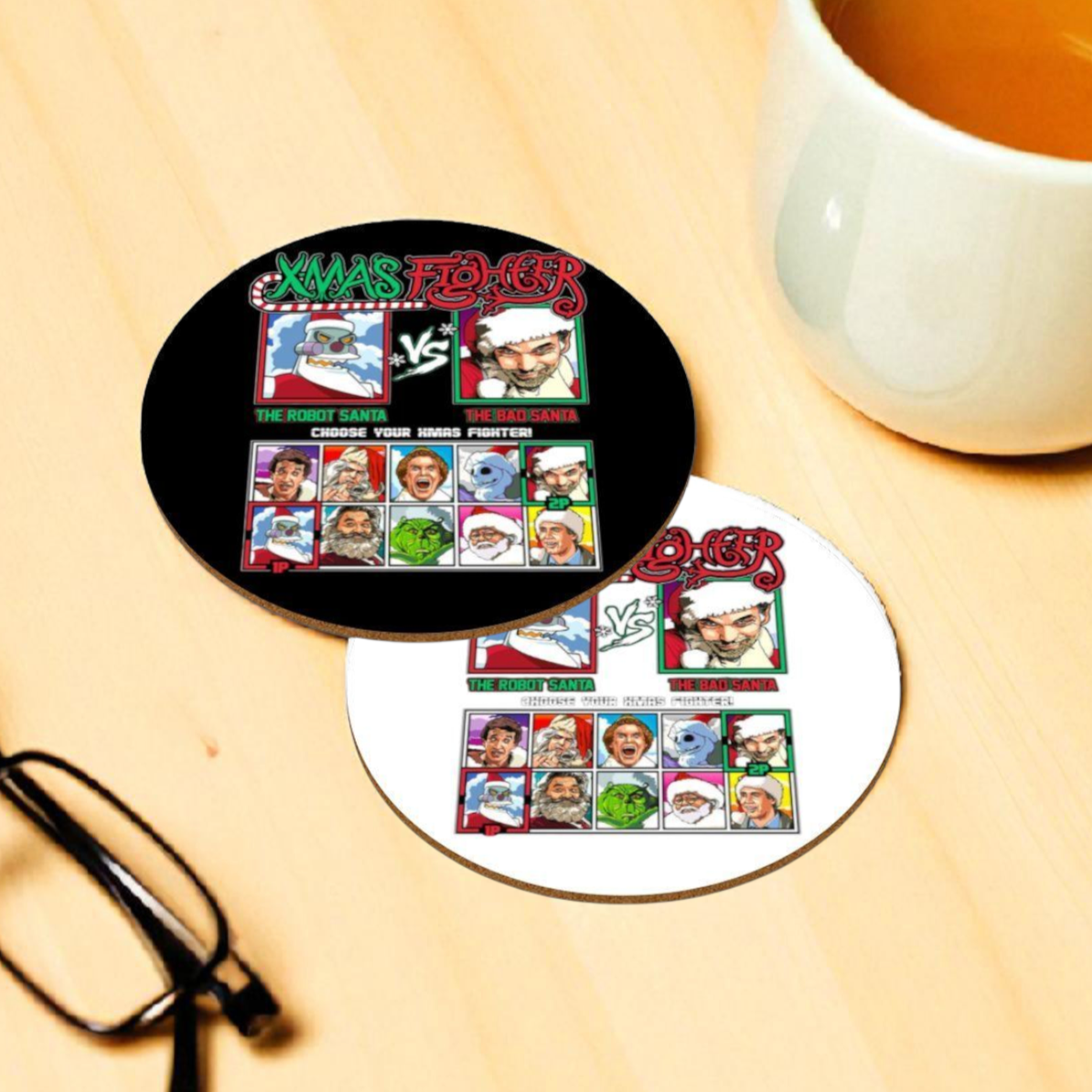 Robot Santa Vs Bad Santa Round Coasters