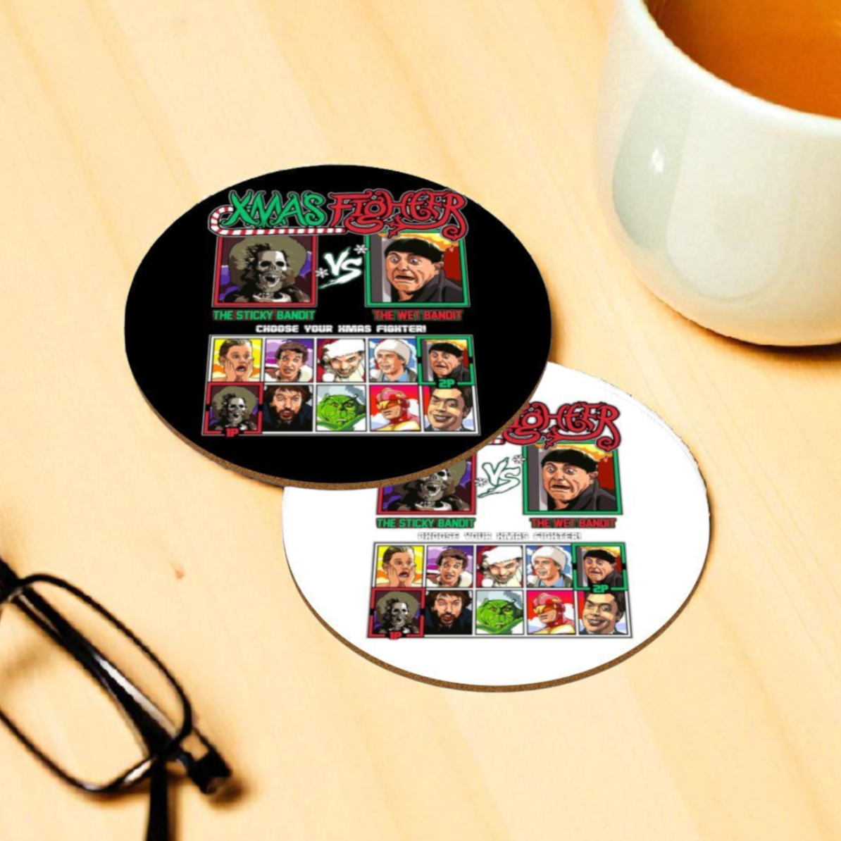 Sticky Bandit Vs Wet Bandit Round Coasters